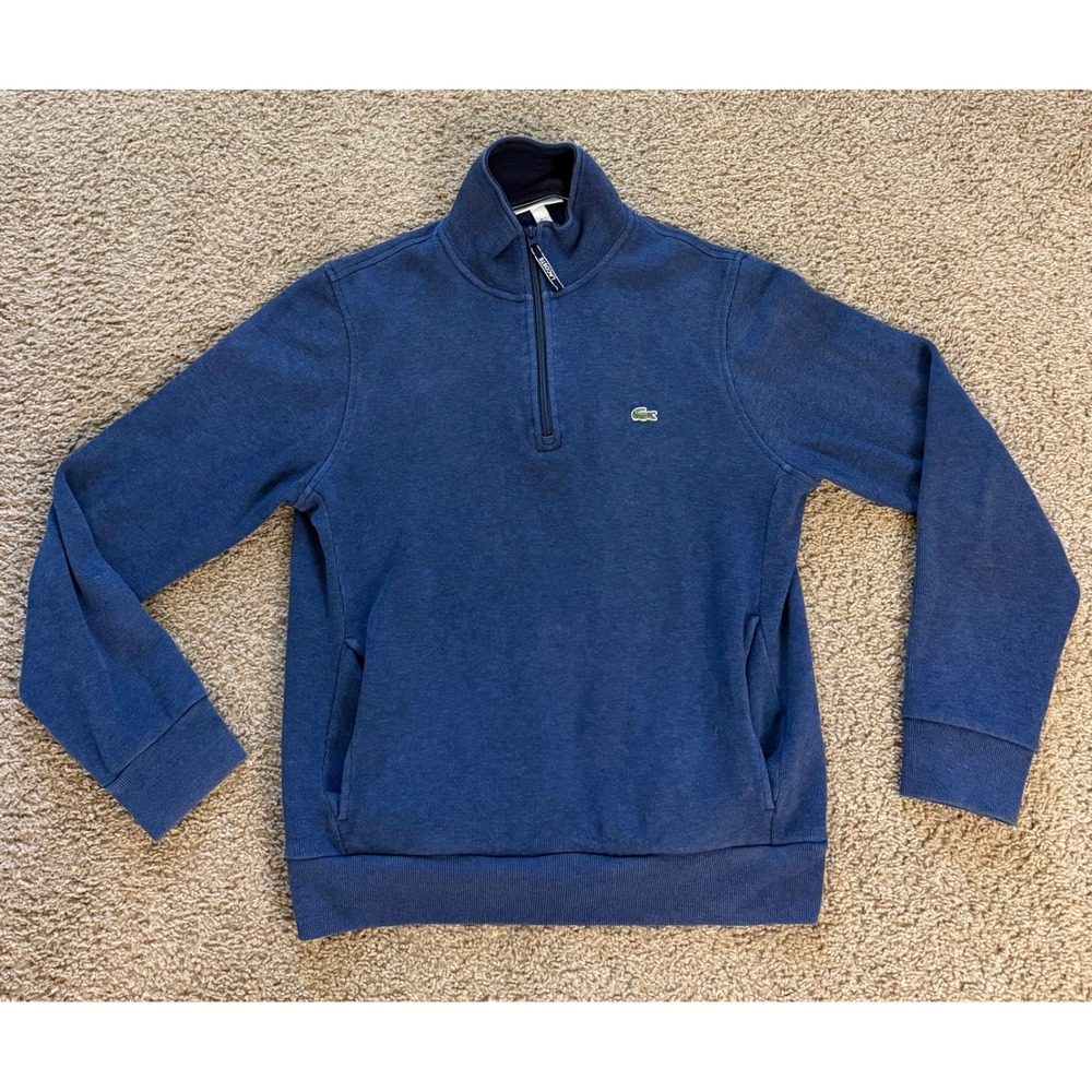 Lacoste Mens Quarter Zip Sweatshirt Navy Blue Cotton Pullover FA10614 Size Med